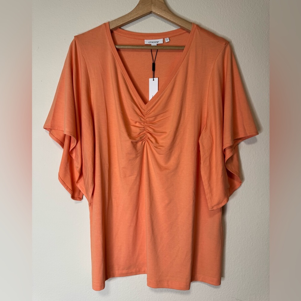 Chico’s Orange Ruched V-Neck Flutter Sleeve Top Size 2 (L/XL) NWT